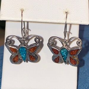 Sterling Coral and Turquoise Butterfly Earrings
